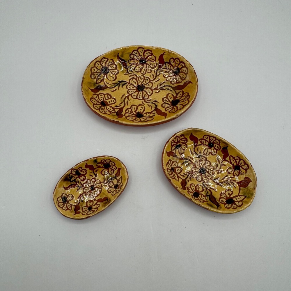 Breininger Redware Pottery Trinket Dishes Set 3 Robesonia PA 1984 Yellow Floral
